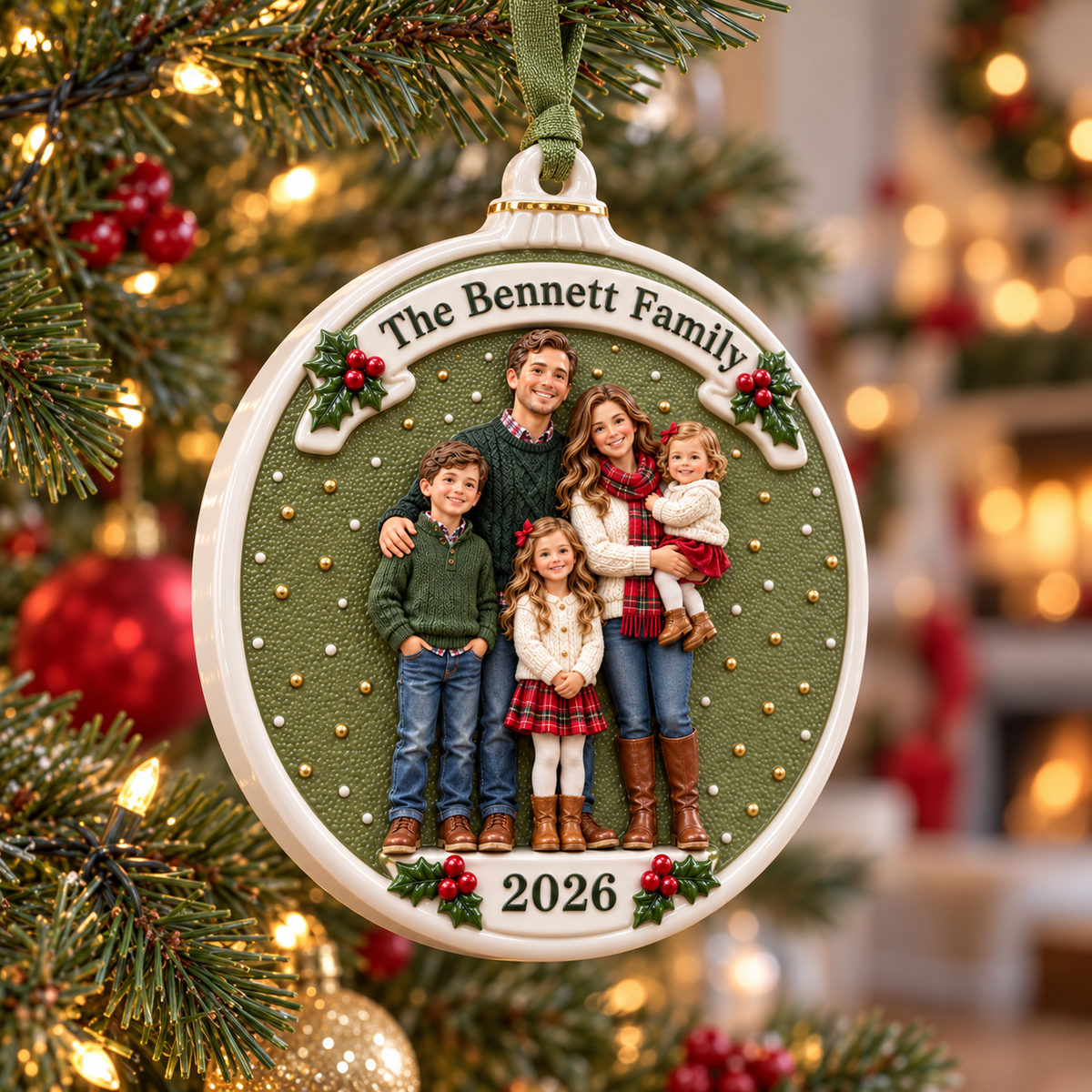 Family Portrait Ceramic Medallion with Ribbon and Holly Accents - 3D Relief Ornament