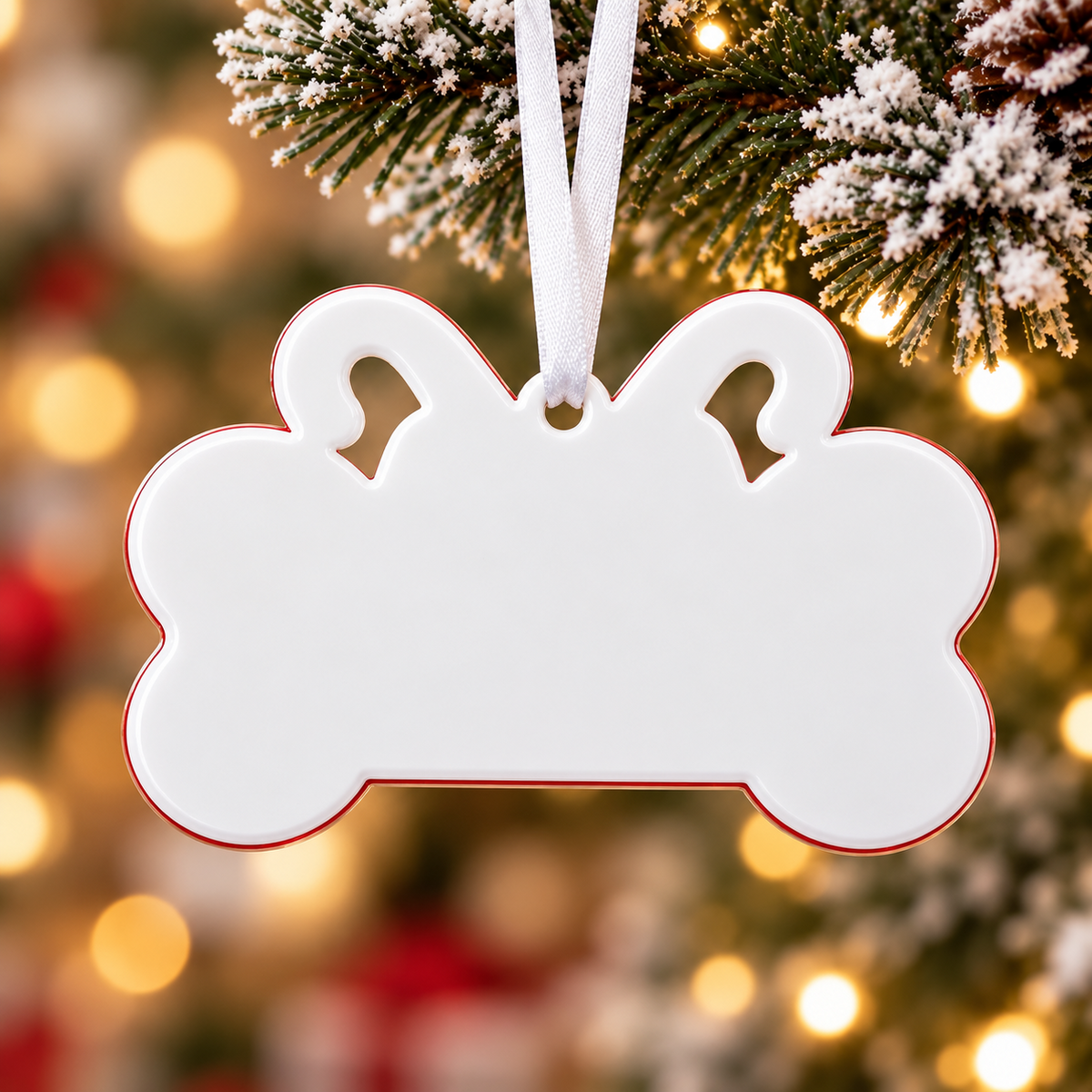 Dog Bone Holiday Keepsake with Candy Canes and Plaid Ribbon Bow - 3D Relief Ornament