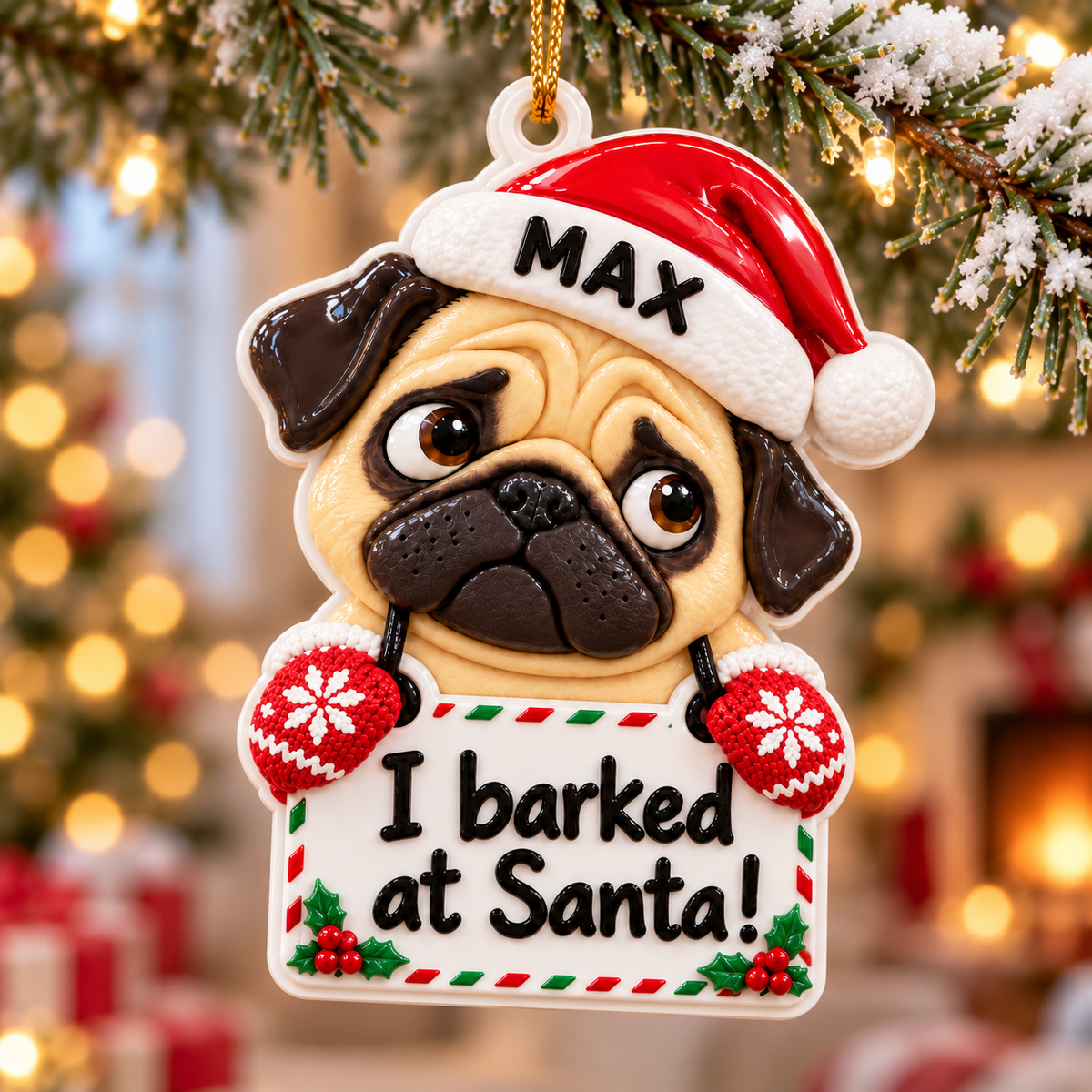 Christmas Pug Dog with Santa Hat and Confession Sign Hanging Holiday Keepsake - 3D Relief Ornament