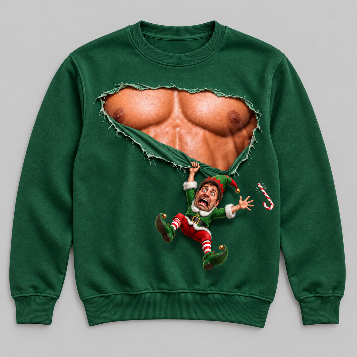 Christmas Sweatshirt with Ripped Muscular Chest Falling Elf Graphic