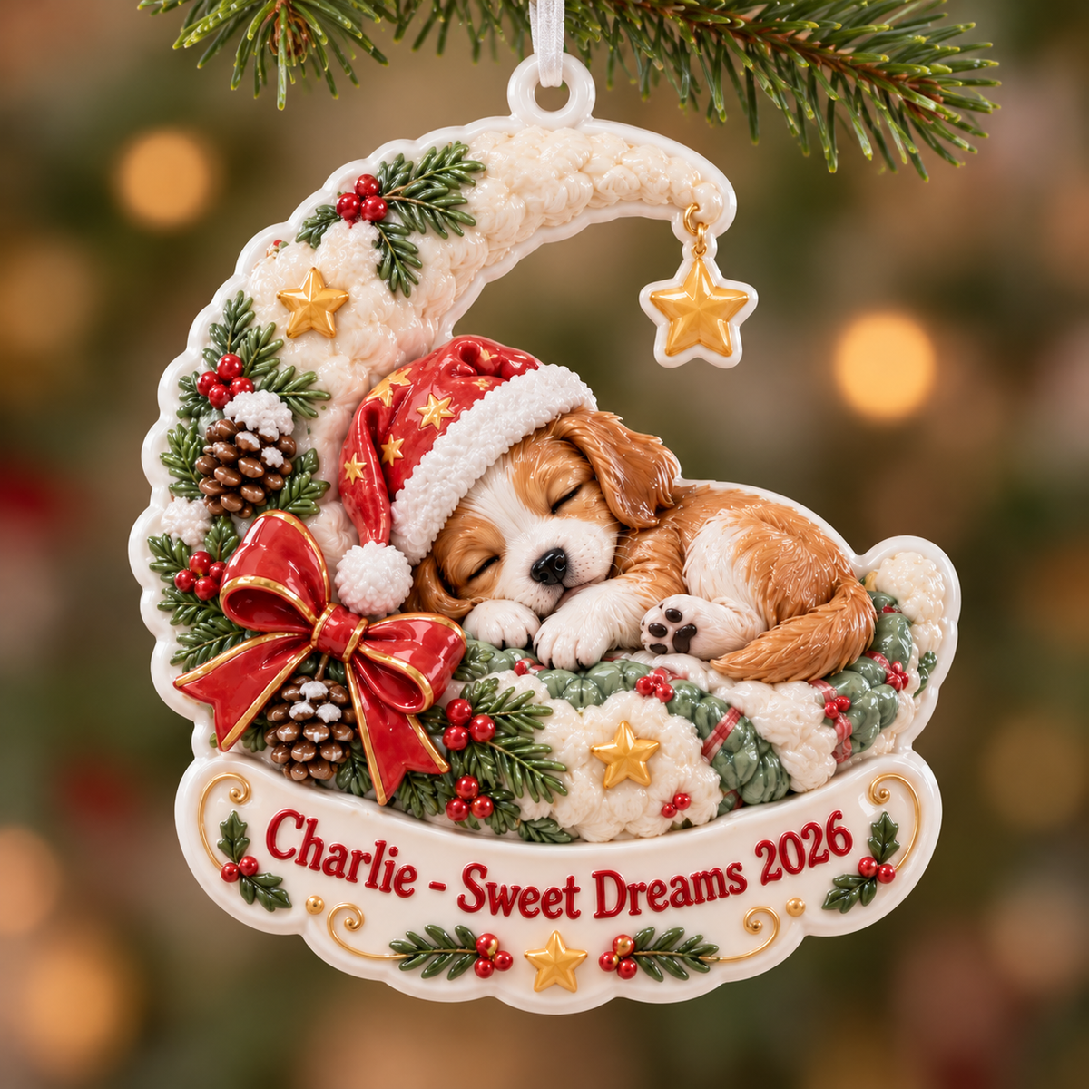Sleeping Puppy on Crescent Moon Christmas Tree Decor - 3D Relief Ornament