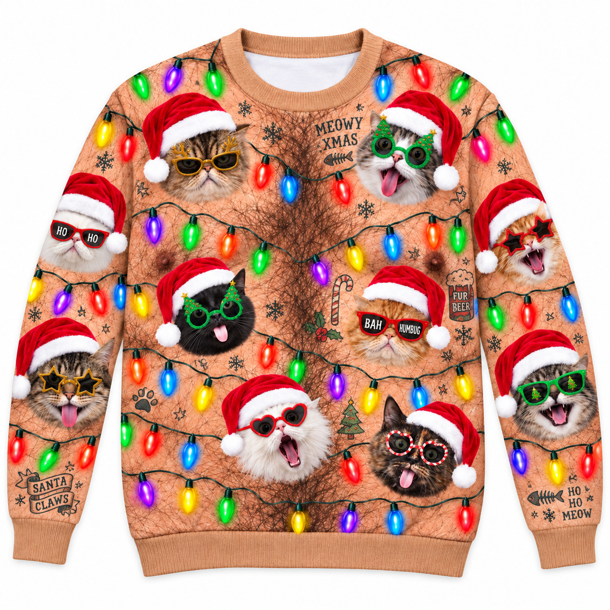 Christmas Sweatshirt, Funny Hairy Chest Holiday Lights Crewneck Top