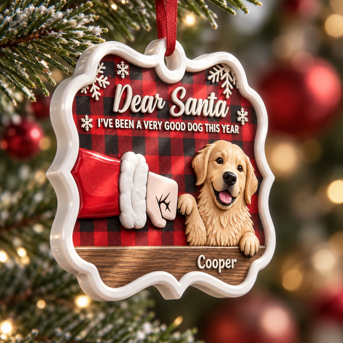 Golden Retriever Santa Fist Bump Red Plaid Holiday Tree Plaque - 3D Relief Ornament