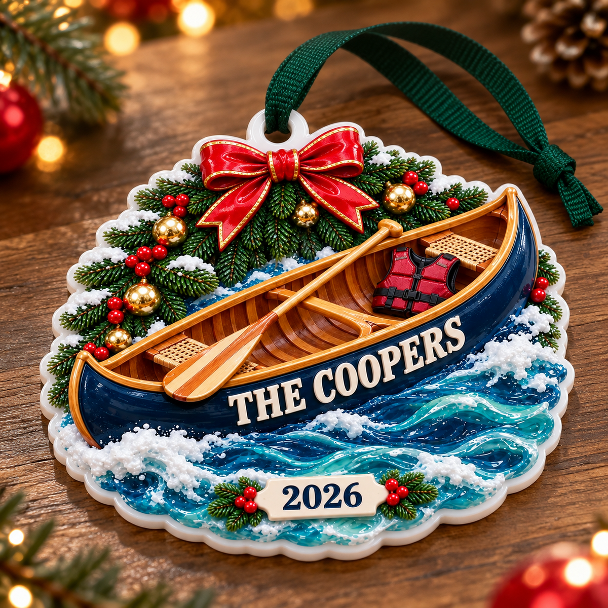 Canoe Boat on Ocean Waves with Pine and Bow Holiday Keepsake - 3D Relief Ornament