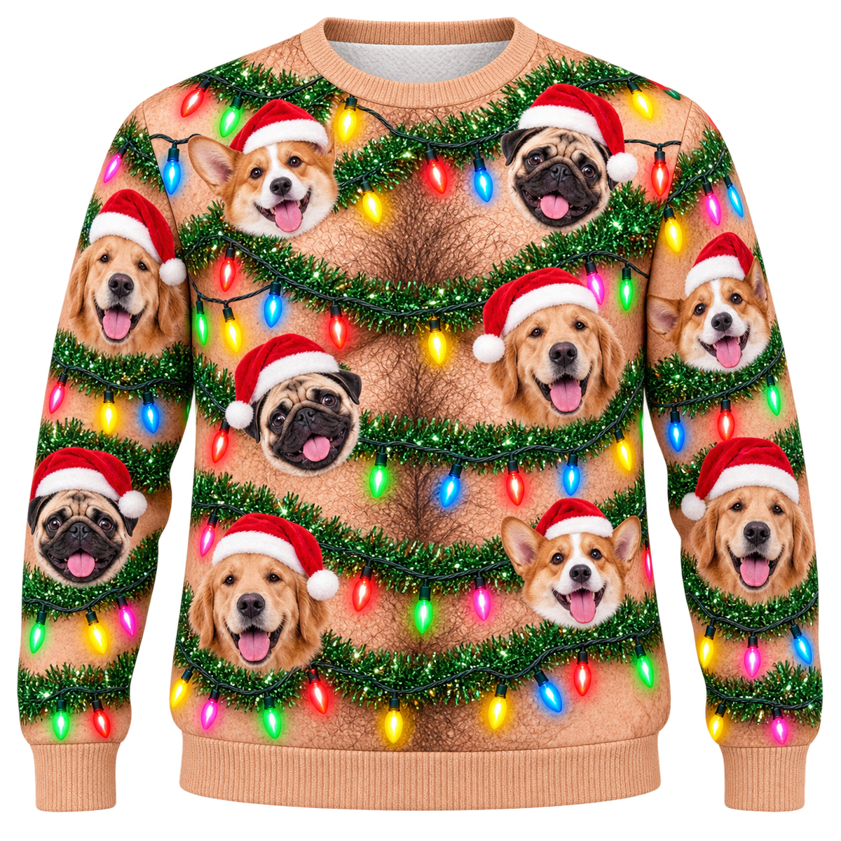 Christmas Sweatshirt, Funny Hairy Chest Holiday Lights Crewneck Top