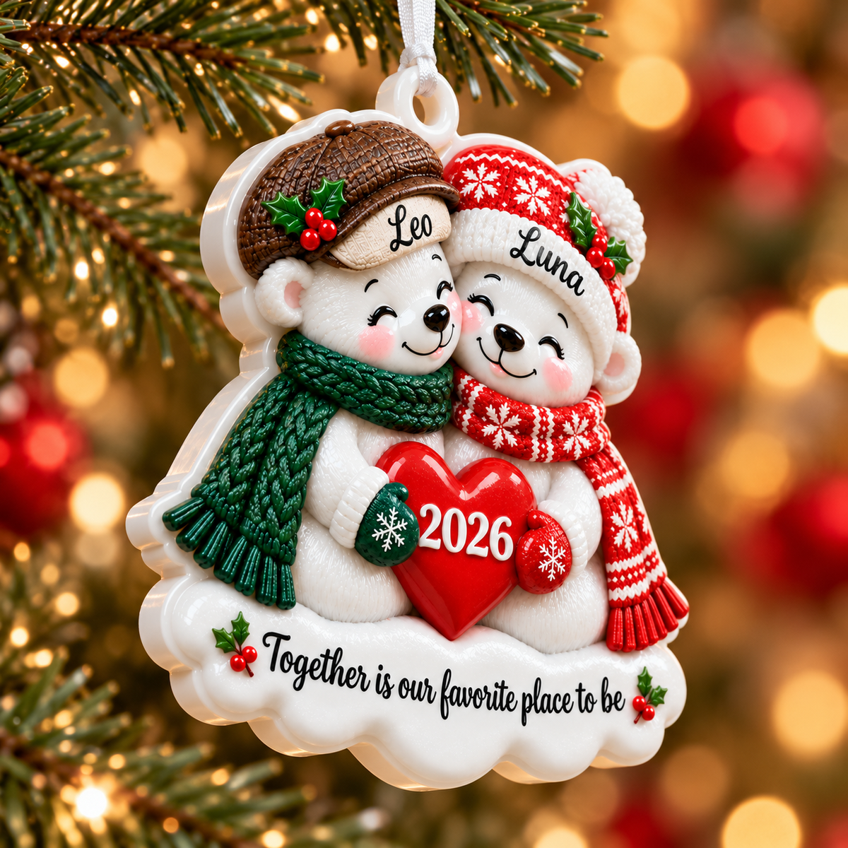 Couple Polar Bears Holding Red Heart Winter Holiday Keepsake - 3D Relief Ornament