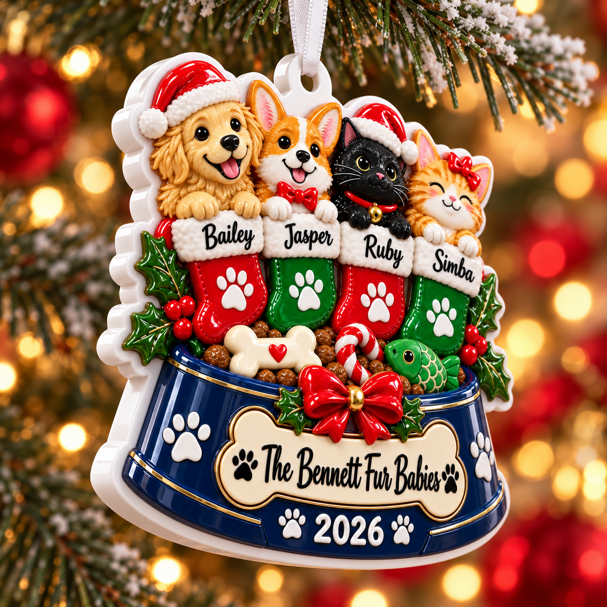 Christmas Pet Bowl with Four Dogs and Cats in Stockings Hanging Decor ...
