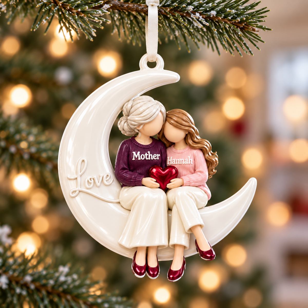 Mother and Daughter Crescent Moon Hanging Figurine - 3D Relief Ornament