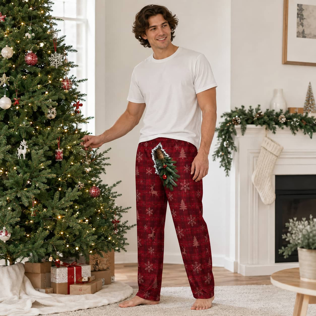 Mens Christmas Pajama Pants Red Plaid 3D Reindeer Nose Holiday Bottoms