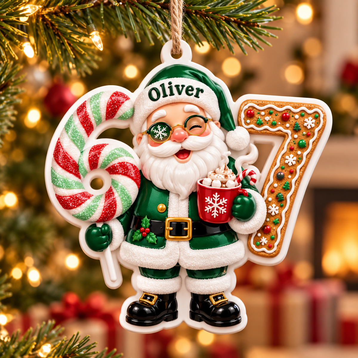 Green Santa Claus Number 67 Acrylic Christmas Tree Decoration - 3D Relief Ornament