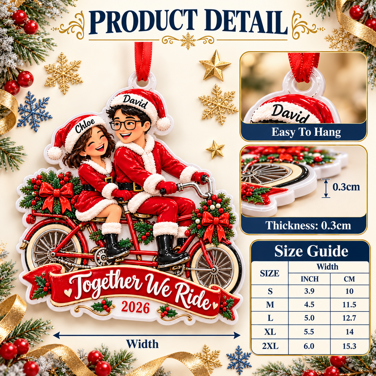 Couple Riding Tandem Bicycle Santa Holiday Keepsake - 3D Relief Ornament