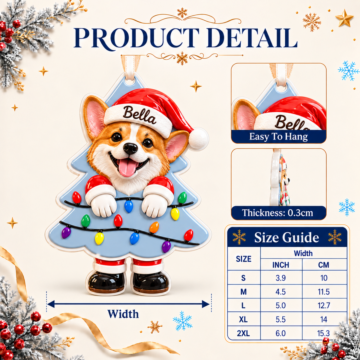 Pembroke Welsh Corgi Dog in Santa Hat Christmas Tree Holiday Hanging Decor - 3D Relief Ornament