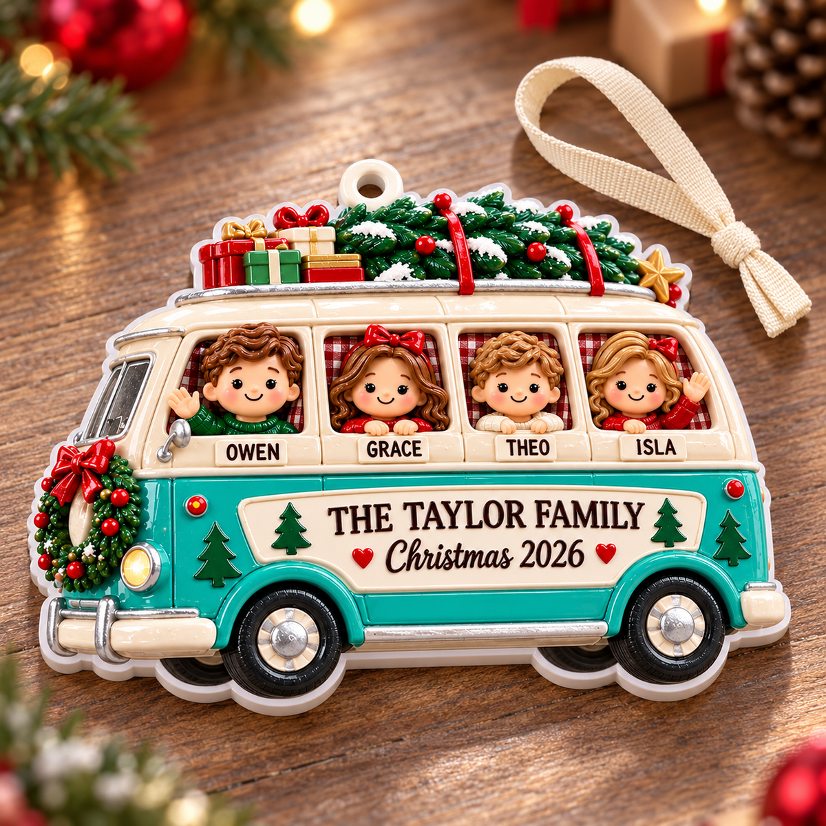 Family Road Trip Camper Van Holiday Hanging Keepsake - 3D Relief Ornament