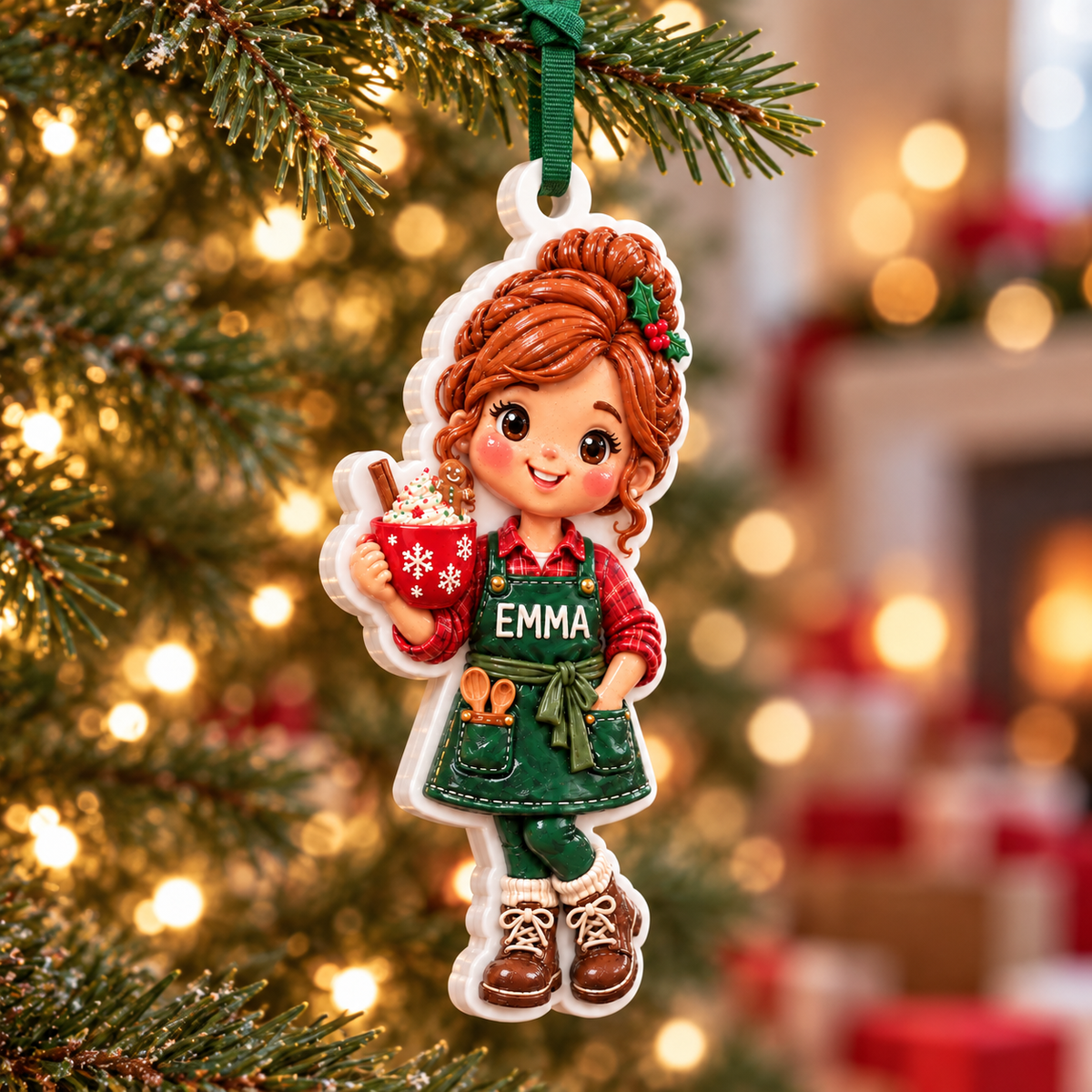 Baking Girl with Hot Cocoa and Green Apron Holiday Tree Decor - 3D Relief Ornament