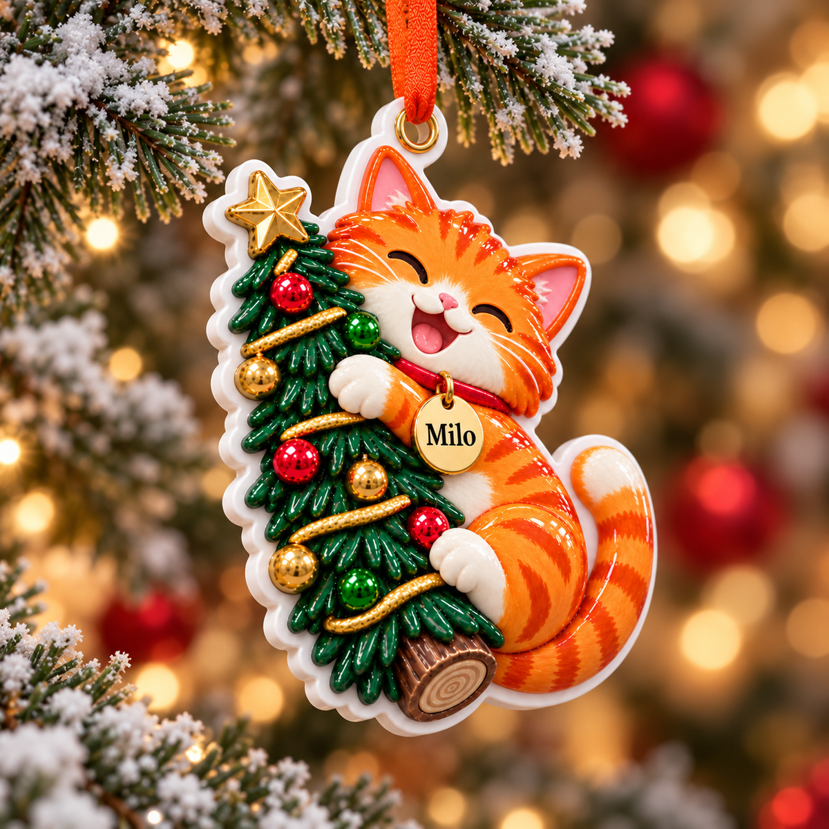 Orange Tabby Cat Hugging Christmas Tree Holiday Keepsake - 3D Relief Ornament