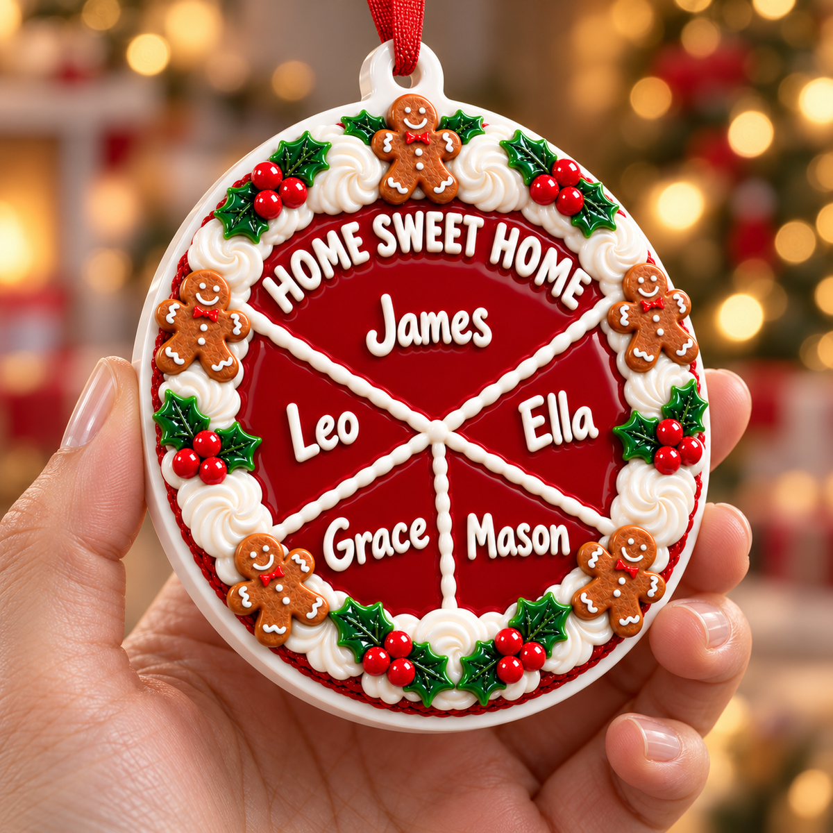 Round White Ceramic Holiday Bauble with Red Ribbon for Christmas Tree Decor - 3D Relief Ornament