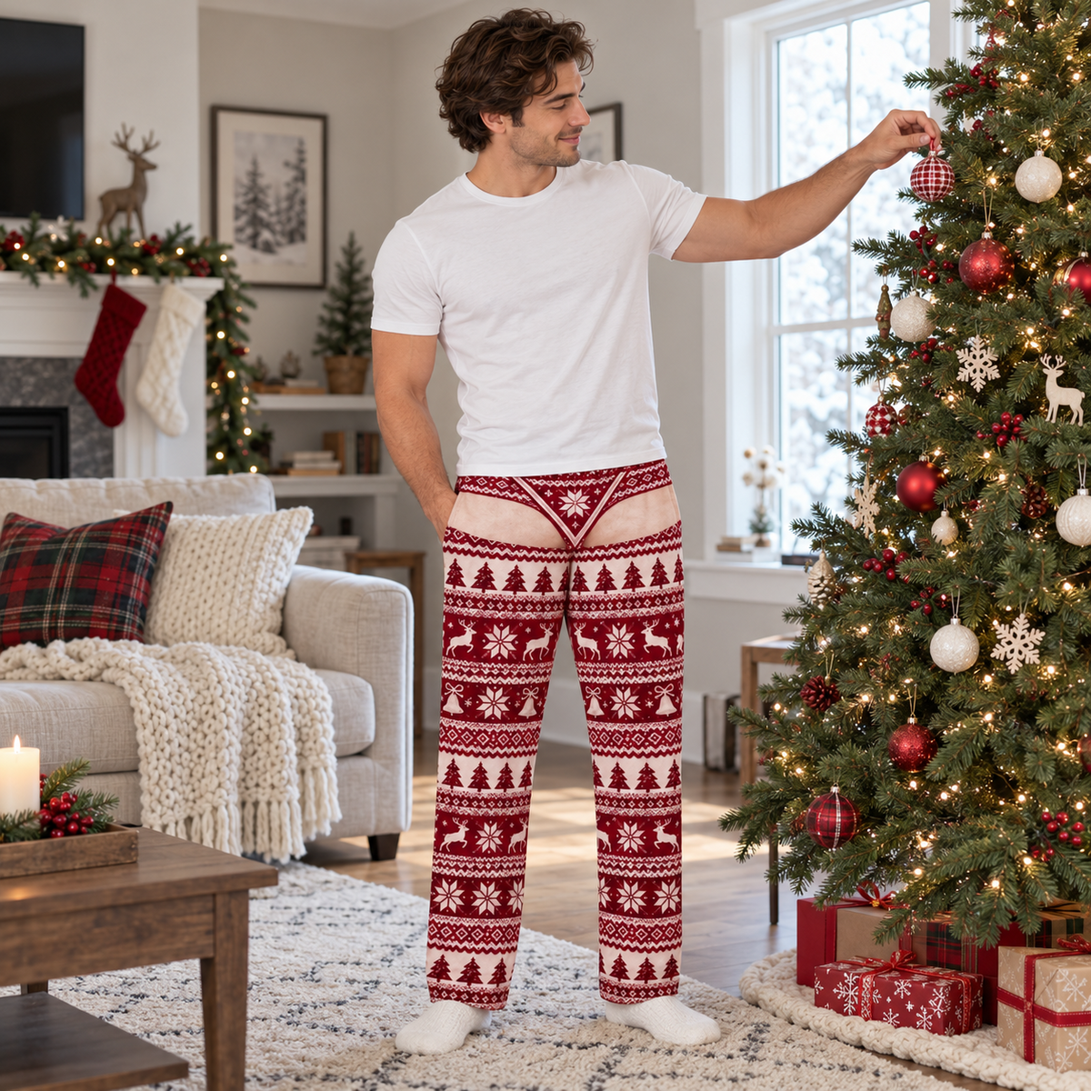 Mens Holiday Cutout Pajama Pants Fair Isle Pattern Sleepwear Bottoms
