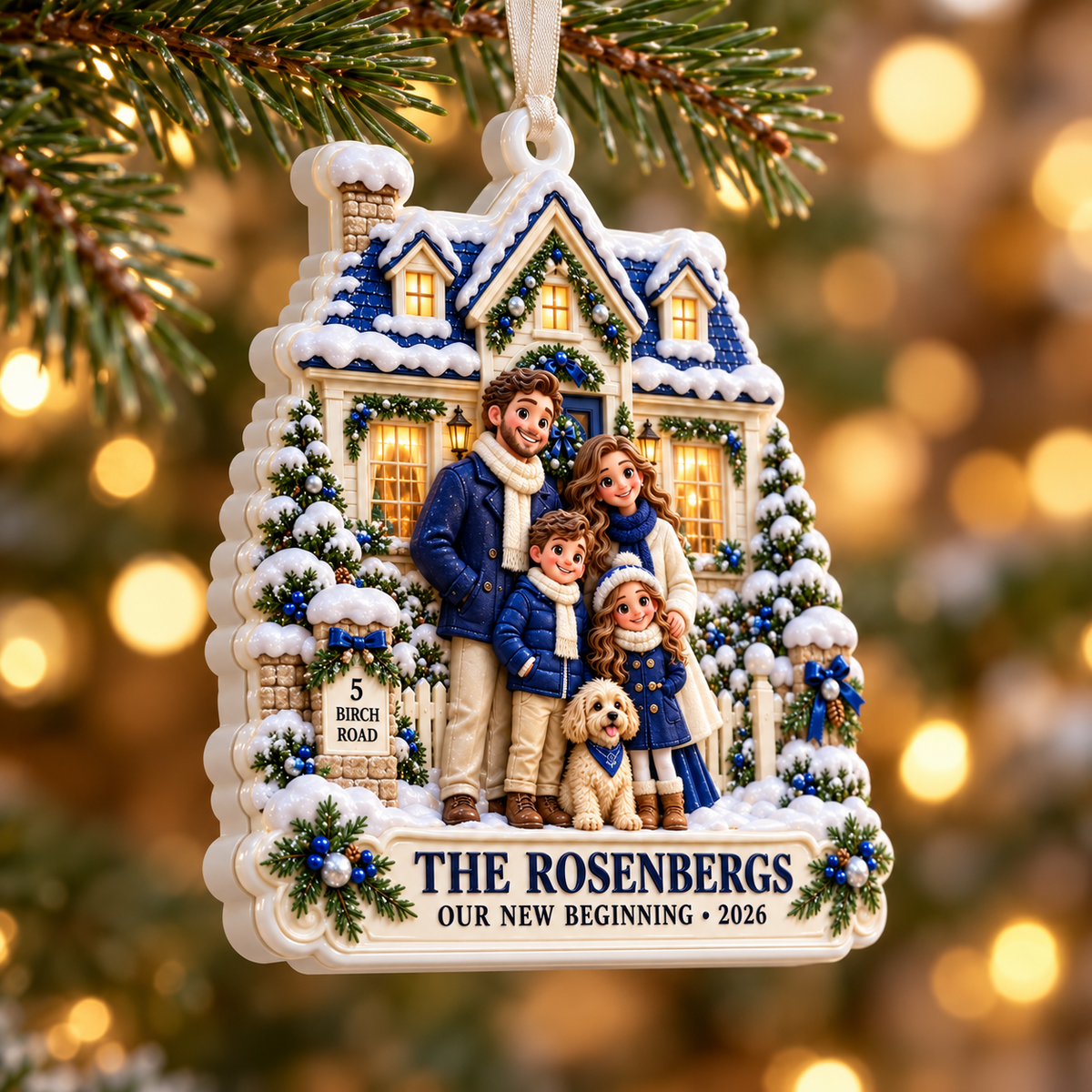 New Home Family with Dog and Snowy House Winter Keepsake - 3D Relief Ornament