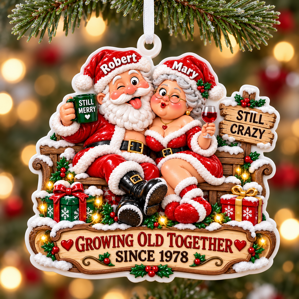 Santa Couple Christmas Hanging Keepsake with Growing Old Together Banner - 3D Relief Ornament