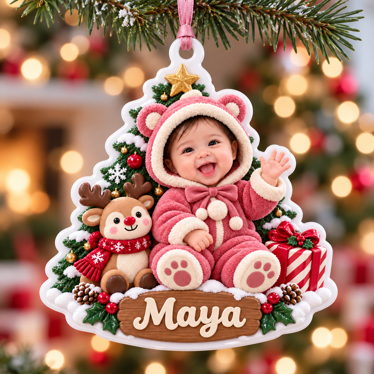 Baby Girl First Christmas Tree Plaque with Reindeer and Teddy Bear Suit - 3D Relief Ornament