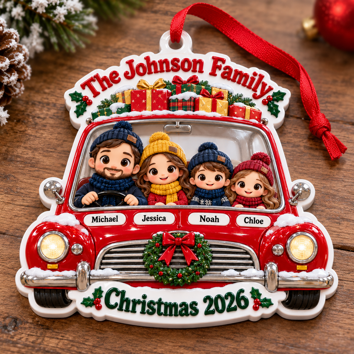 Family of Four in Red Vintage Car Christmas Holiday Keepsake - 3D Relief Ornament