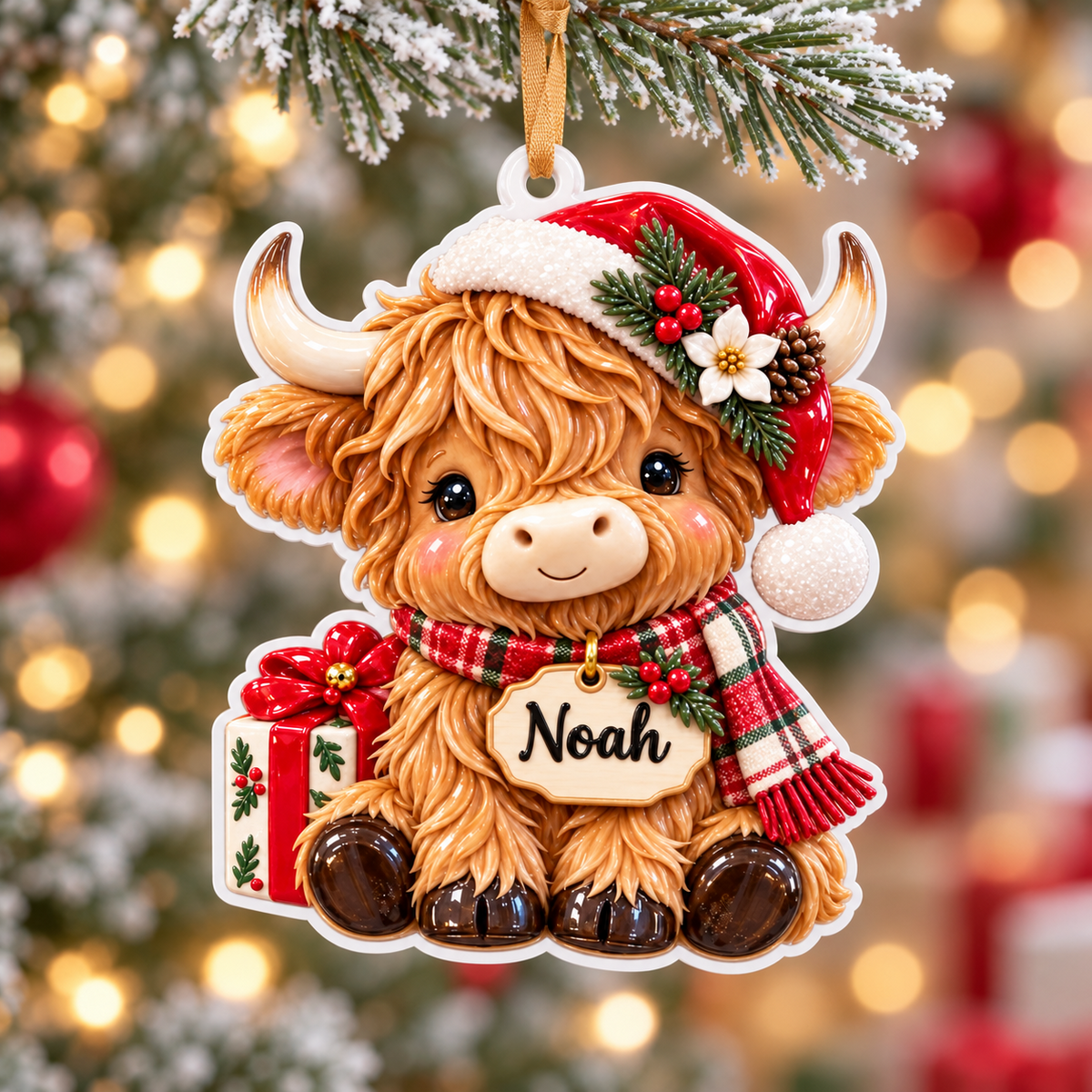 Baby Highland Cow with Santa Hat and Scarf Acrylic Christmas Tree Hanging Decor - 3D Relief Ornament