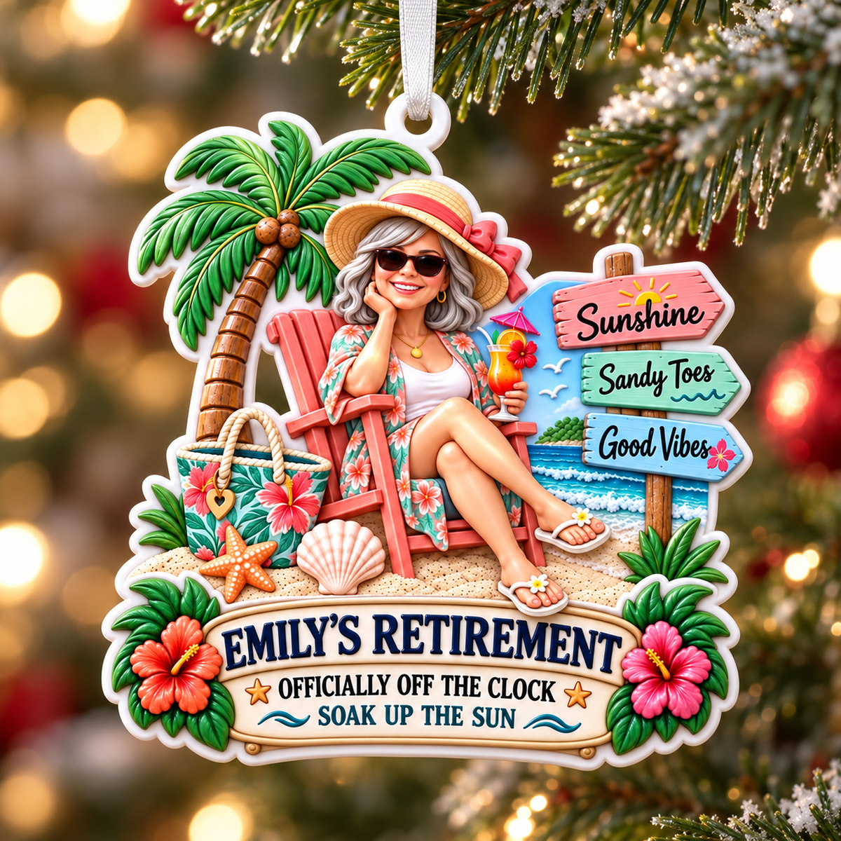 Beach Vacation Retirement Hanging Keepsake with Relaxing Woman and Palm Tree - 3D Relief Ornament