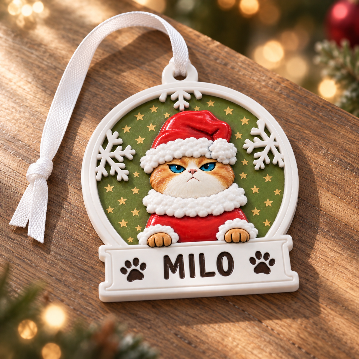 Scowling Orange Cat in Santa Hat Snow Globe Plaque Christmas Tree Hanging - 3D Relief Ornament