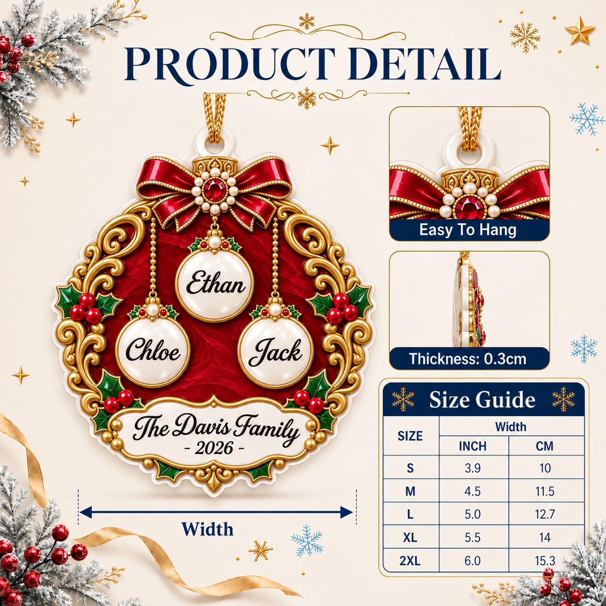 Christmas Family Bauble Medallion in Red and Gold Filigree Scrollwork - 3D Relief Ornament