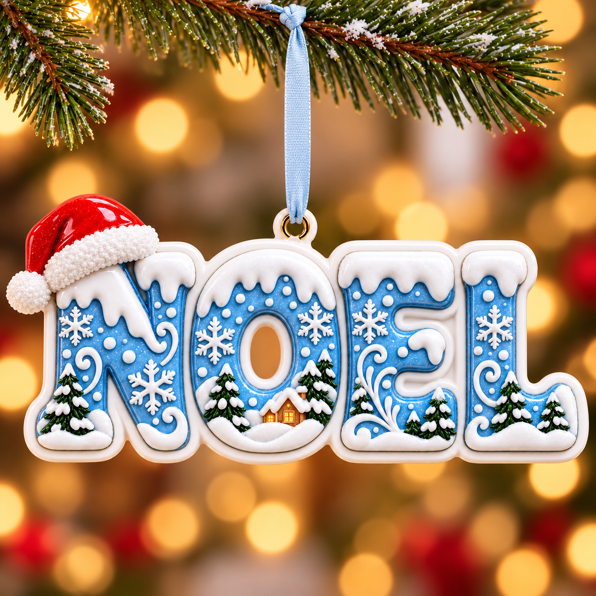 Winter Noel Lettering Holiday Tree Hanging Decor with Santa Hat - 3D Relief Ornament