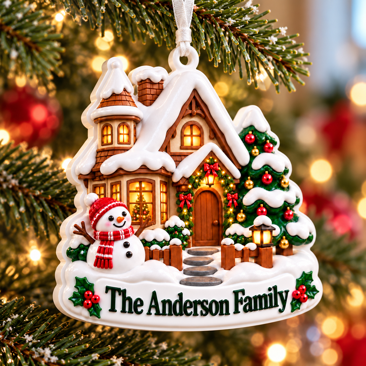 Snowy Winter House with Snowman and Christmas Tree - 3D Relief Ornament