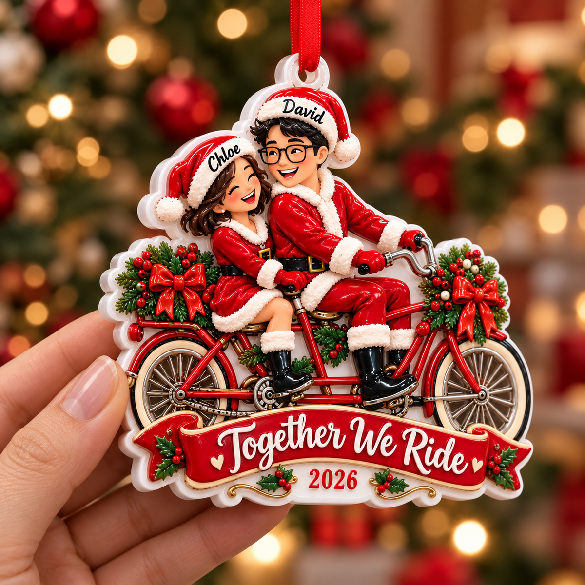 Couple Riding Tandem Bicycle Santa Holiday Keepsake - 3D Relief Ornament