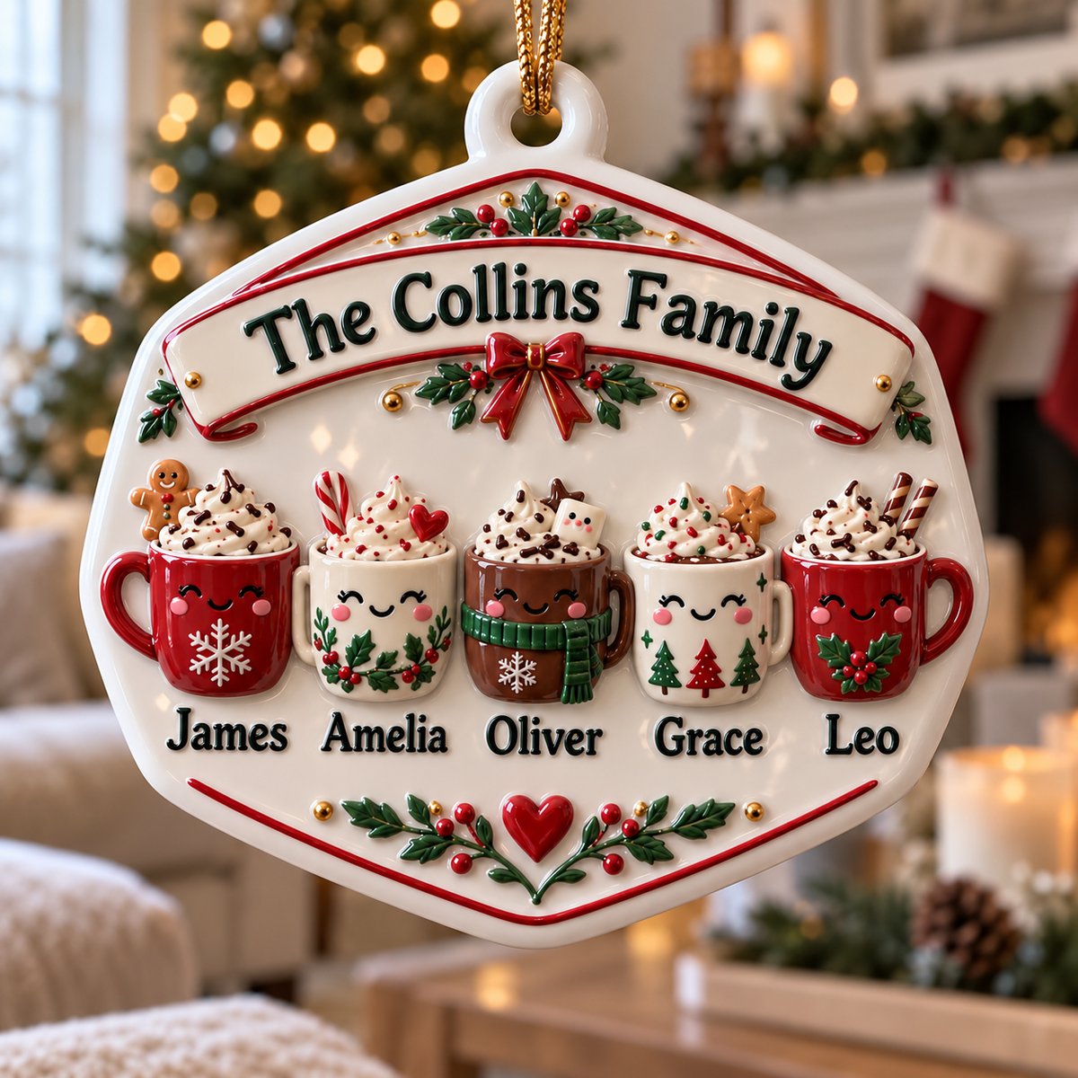 Family Hot Cocoa Mugs Ceramic Christmas Tree Holiday Keepsake Plaque - 3D Relief Ornament