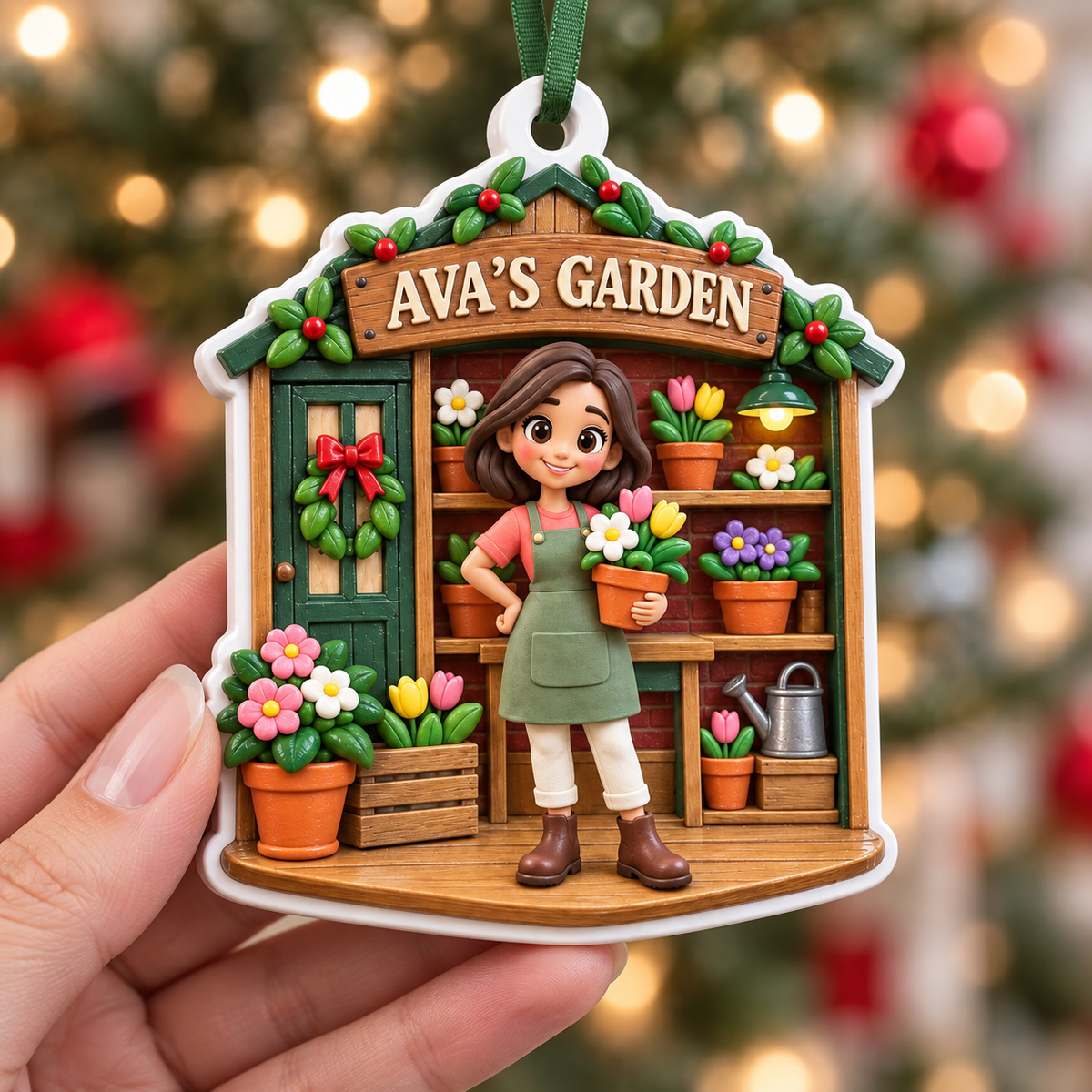 Female Gardener Potting Shed Flowers and Greenhouse Scene Hanging Keepsake - 3D Relief Ornament