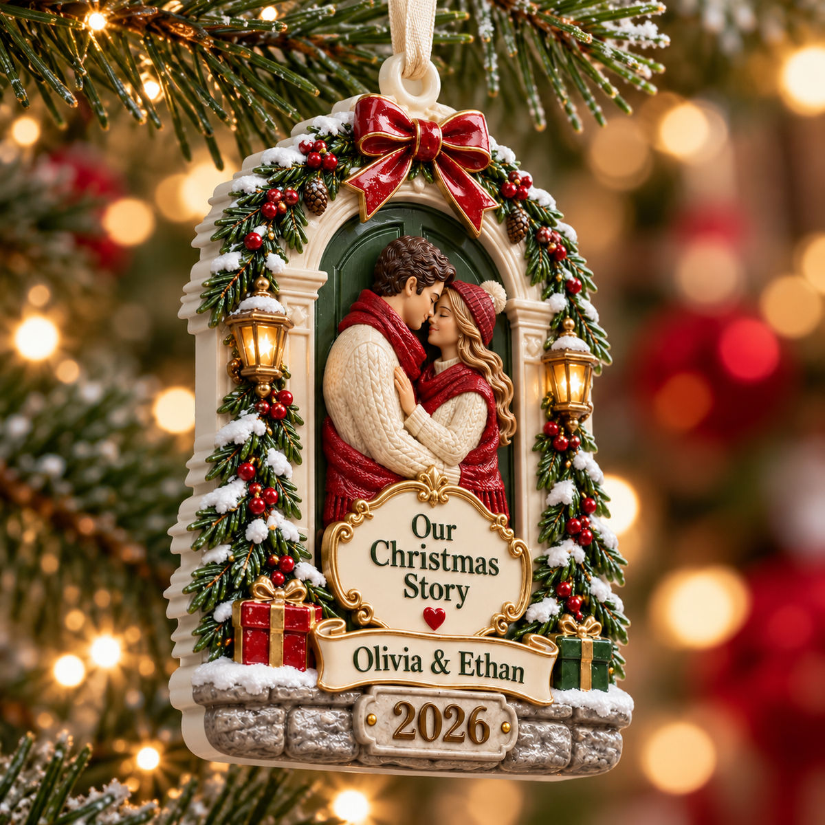 Winter Couple Holiday Doorway Plaque with Ribbon - 3D Relief Ornament