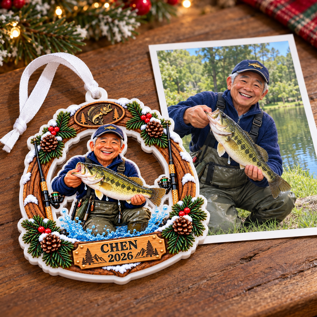 Bass Fisherman Catch Wreath Acrylic Holiday Keepsake - 3D Relief Ornament