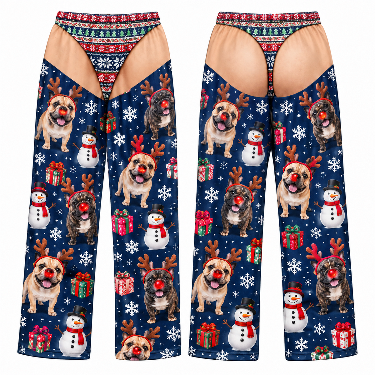 Christmas Pajama Pants with Thong Print and Holiday Dog Face Pattern