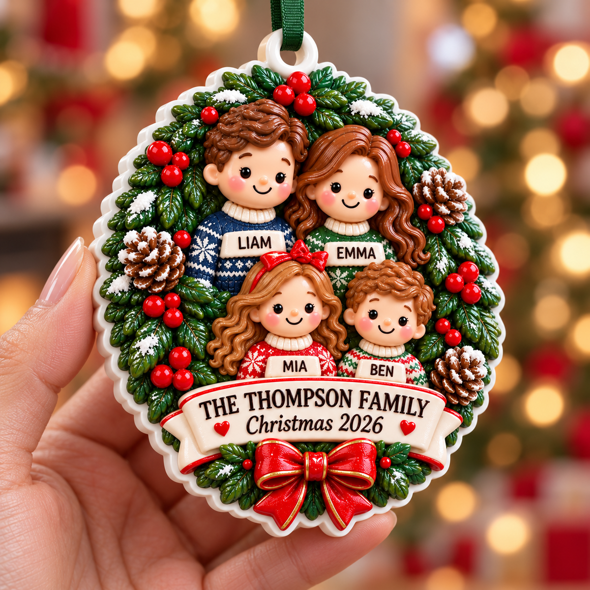 Family of Four Christmas Wreath Medallion with Red Ribbon Bow - 3D Relief Ornament