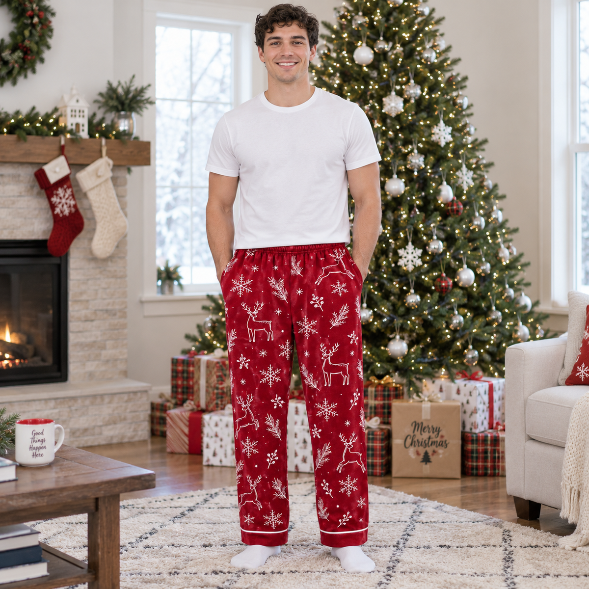 Mens Novelty Christmas Pajama Pants Red Reindeer Gag Sleepwear
