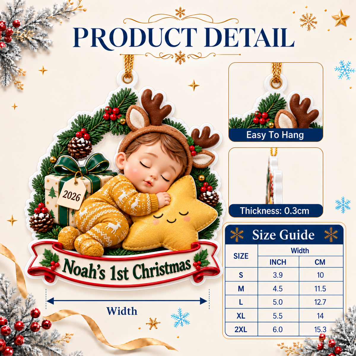 Baby First Christmas Sleeping Infant Reindeer Antlers Star Holiday Keepsake - 3D Relief Ornament