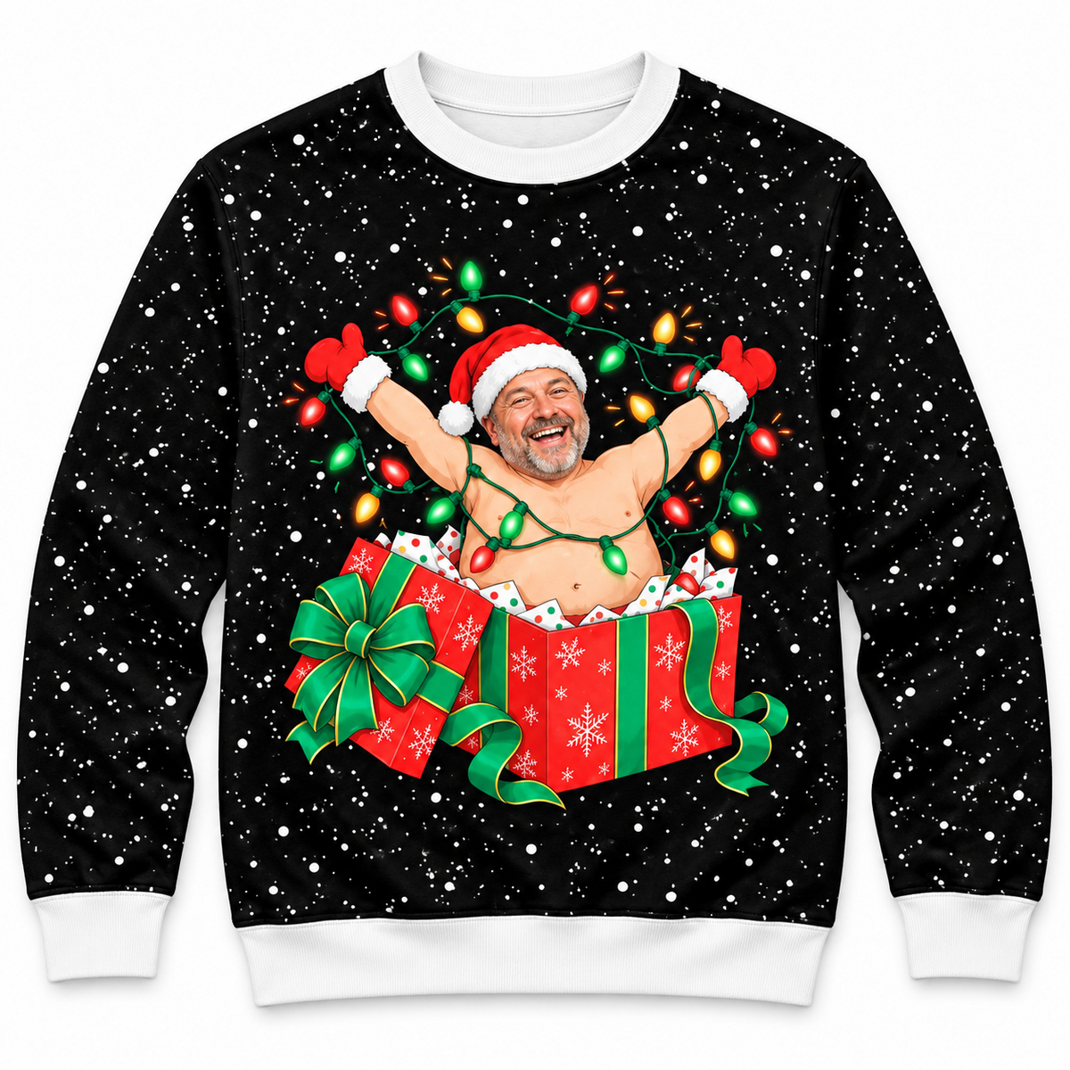 Christmas Sweatshirt Man in Wrapped Present Box Holiday Crewneck