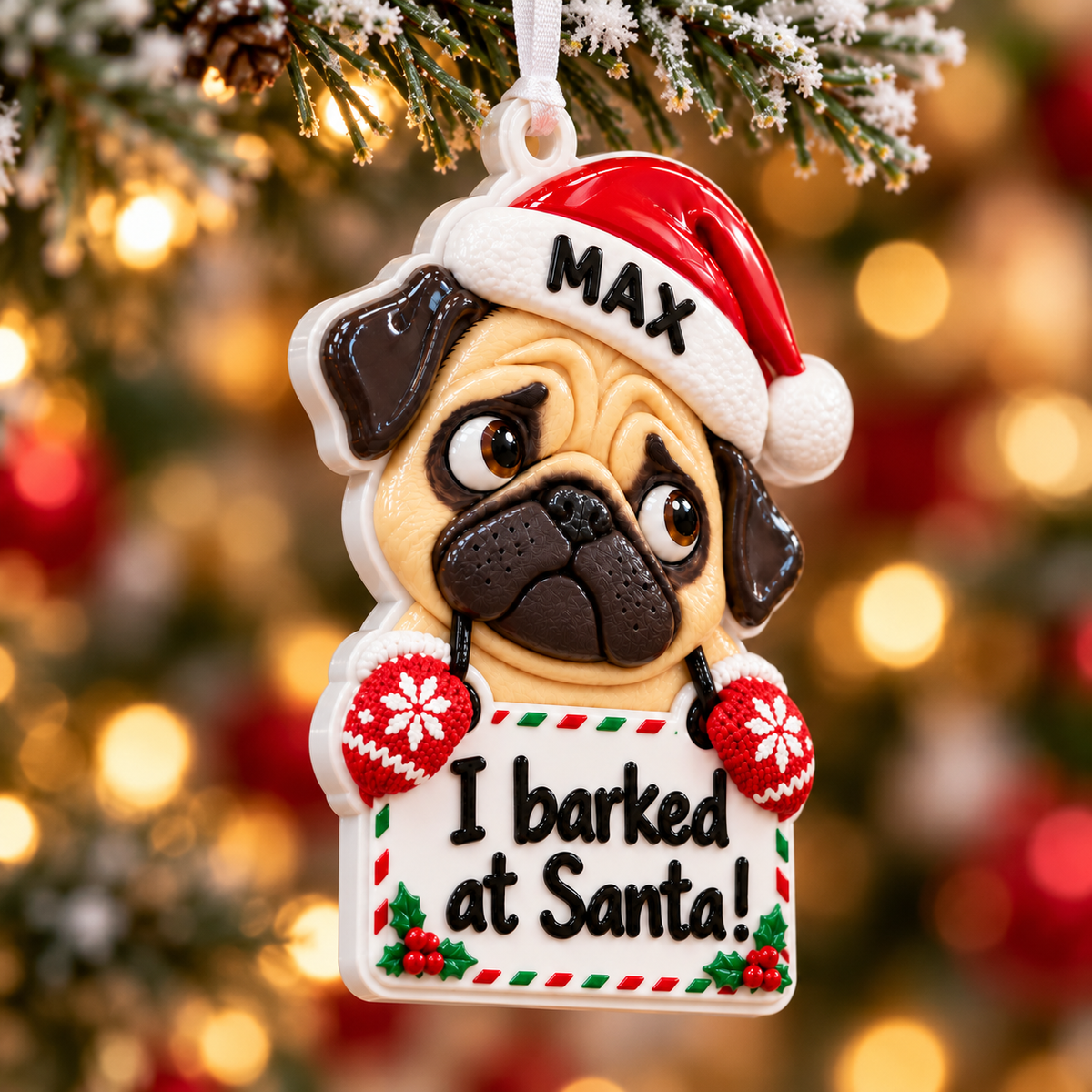 Christmas Pug Dog with Santa Hat and Confession Sign Hanging Holiday Keepsake - 3D Relief Ornament