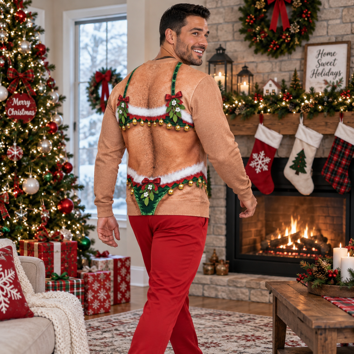Hairy Chest Christmas Sweatshirt Fake Abs Novelty Holiday Pullover