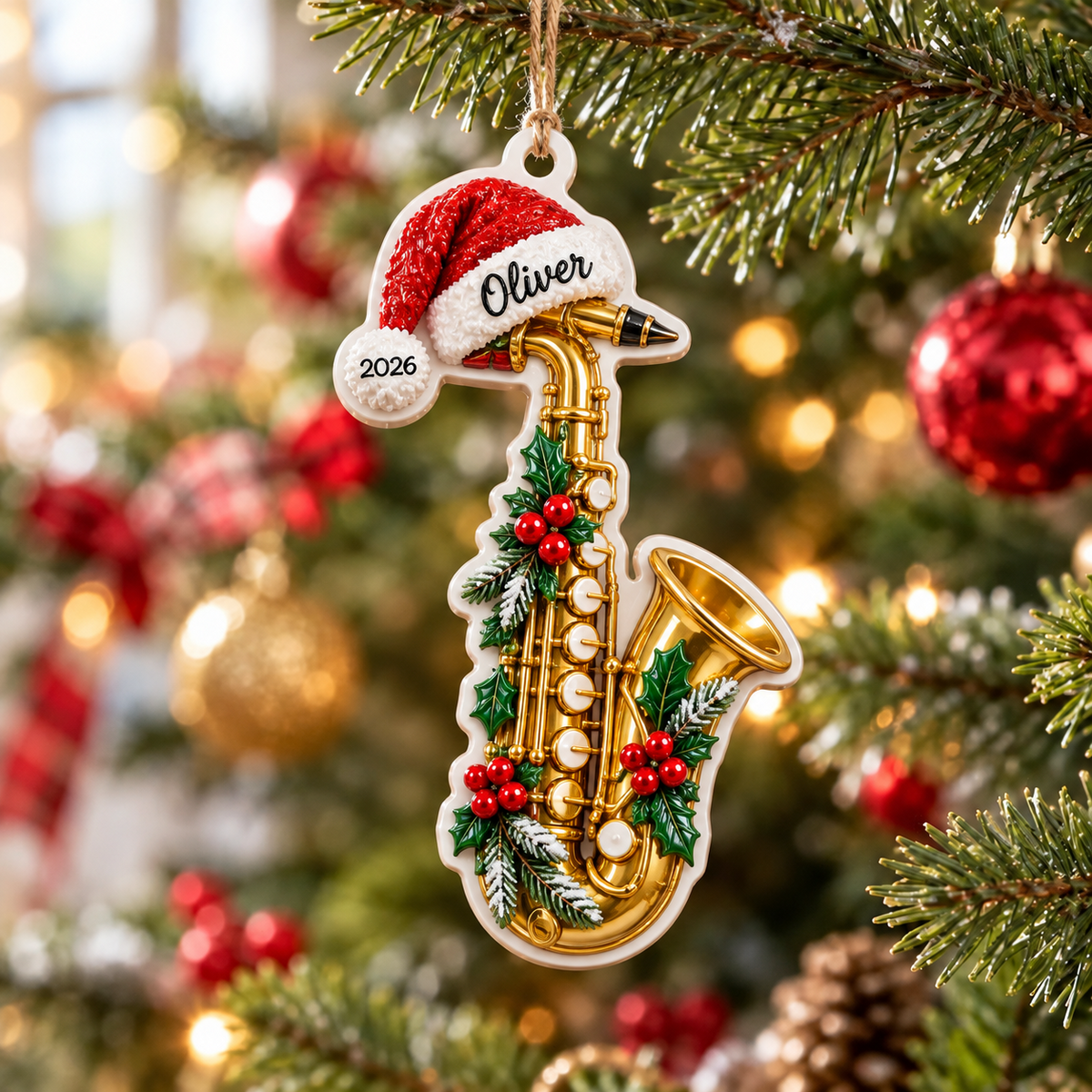 Christmas Golden Saxophone with Santa Hat Hanging Acrylic - 3D Relief Ornament