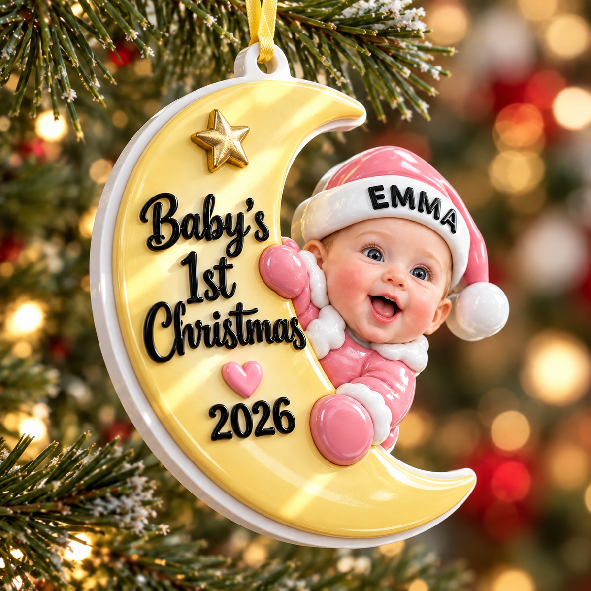 Baby First Christmas Crescent Moon Hanging Keepsake, Pink Holiday Tree Pendant - 3D Relief Ornament