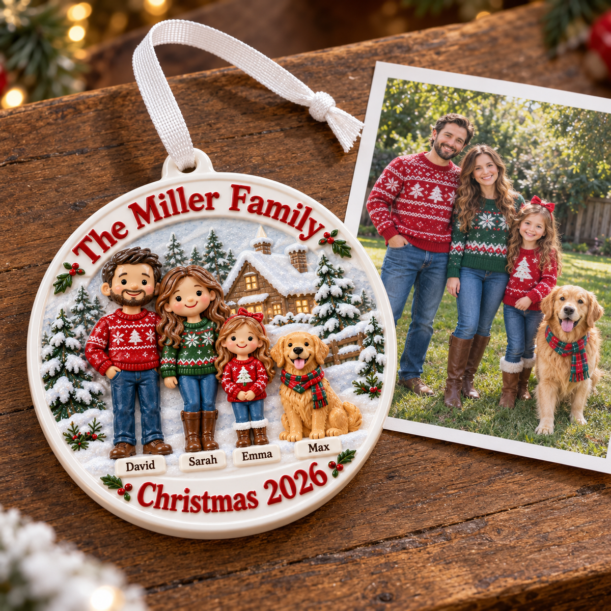 Family of Three with Dog Snowy Cabin Scene Holiday Keepsake - 3D Relief Ornament