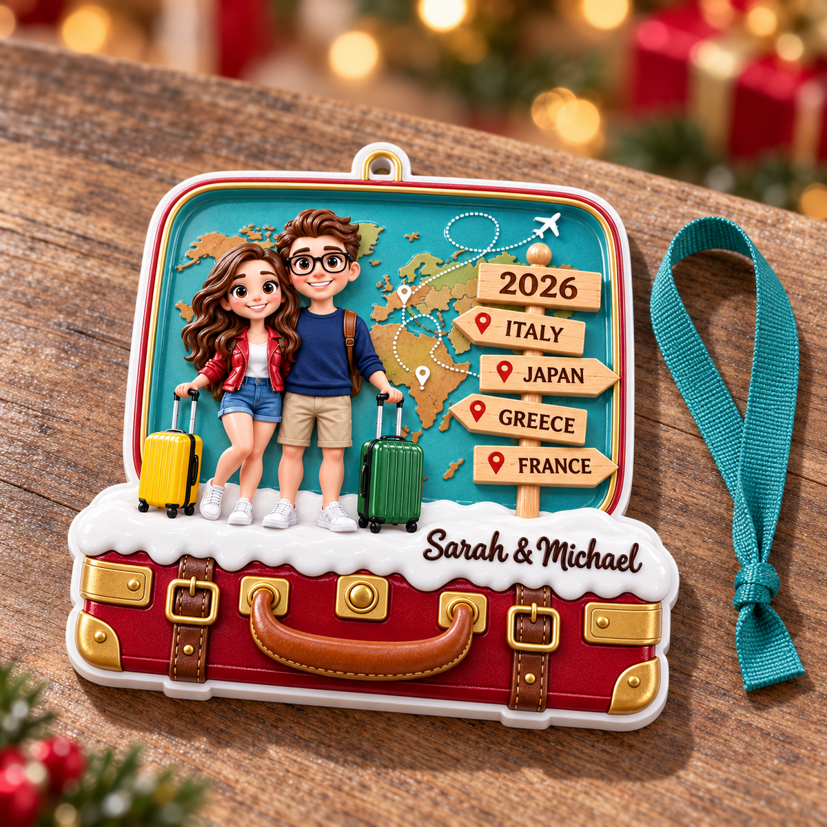 Travel Couple Suitcase Christmas Tree Decoration, Vacation Trip Theme Keepsake - 3D Relief Ornament