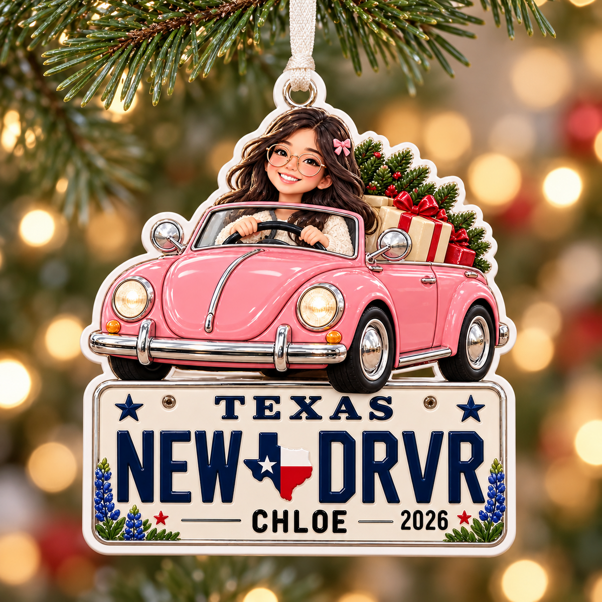 Pink Vintage Car Texas License Plate Holiday Keepsake - 3D Relief Ornament