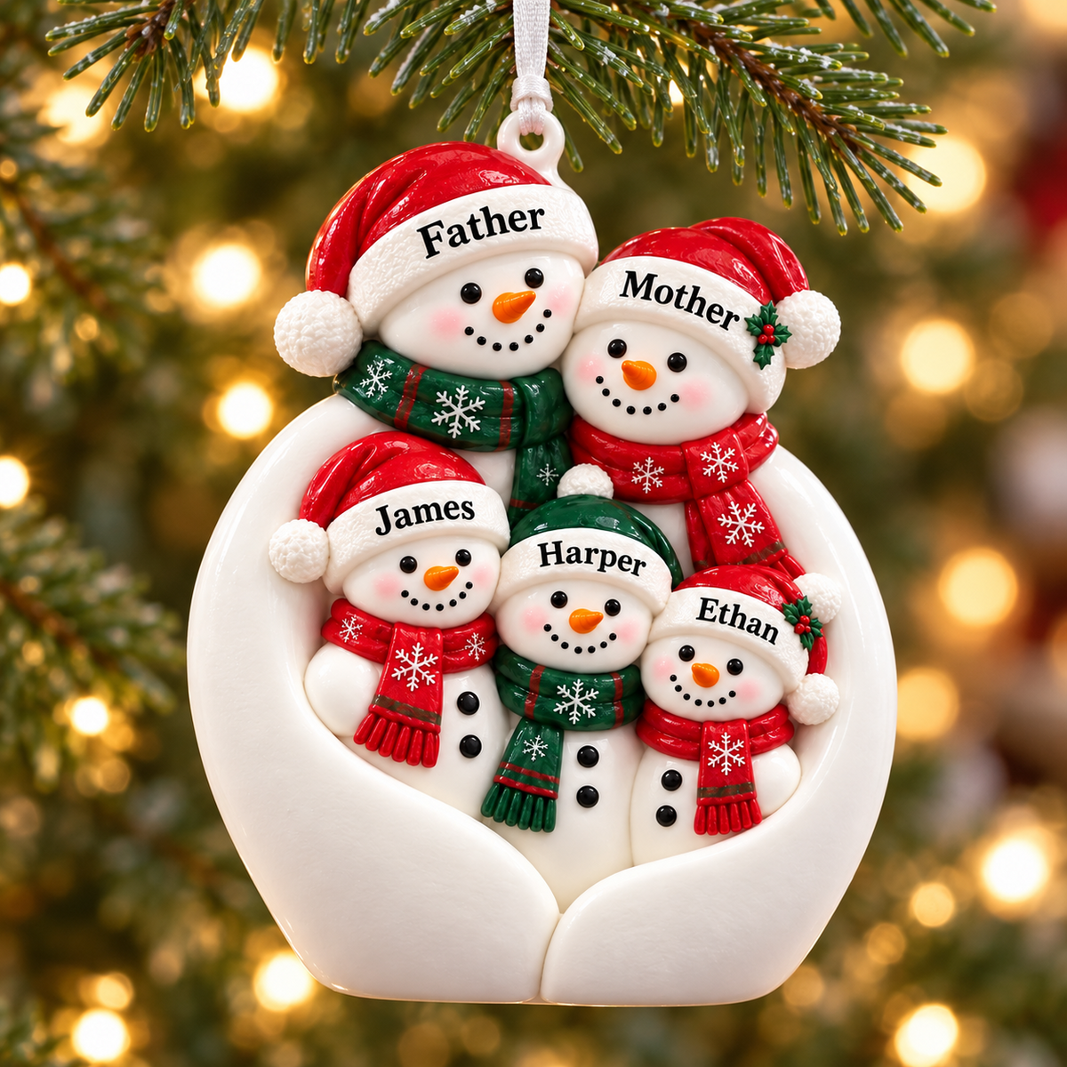 Snowman Family of 5 Hanging Holiday Tree Decoration - 3D Relief Ornament