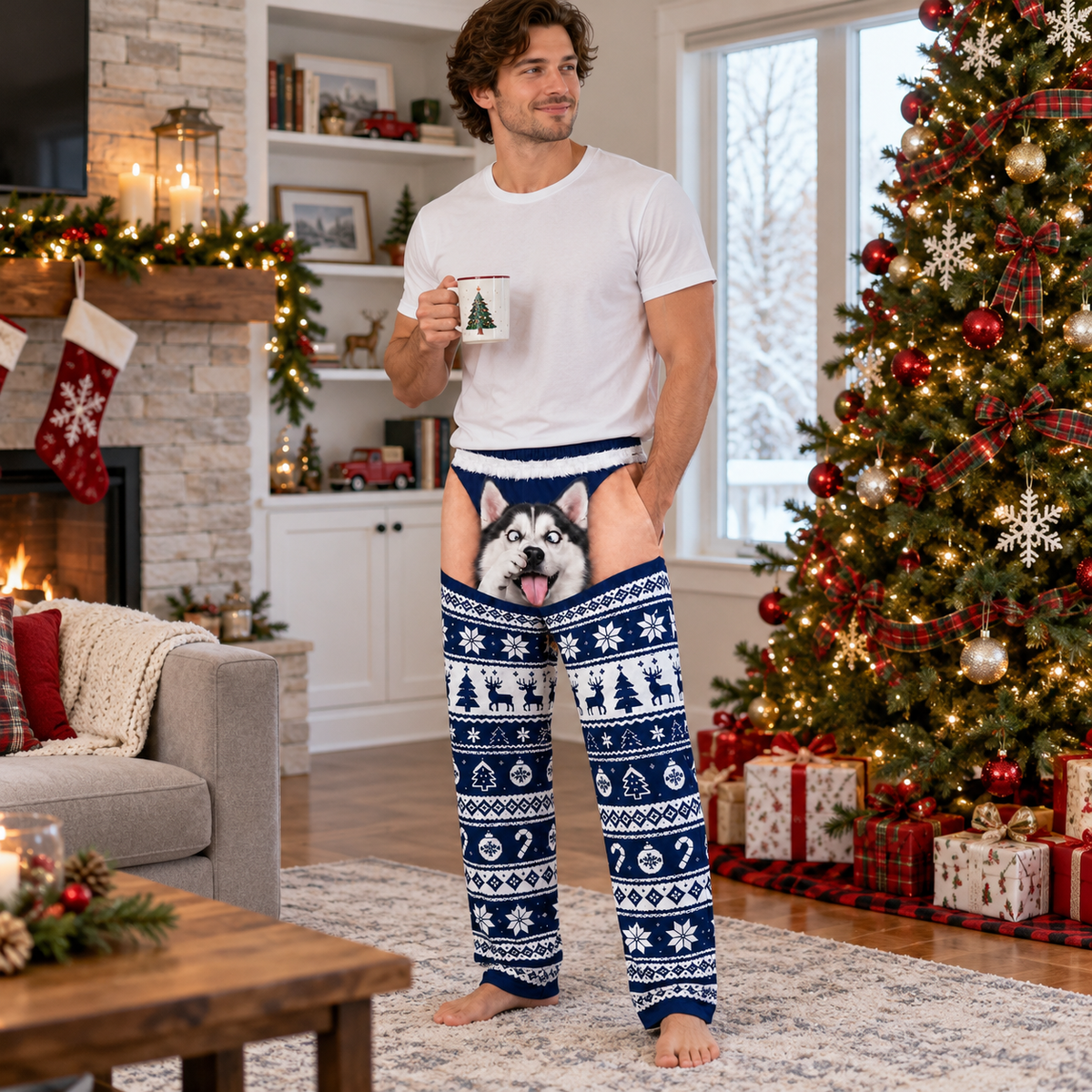 Men's Christmas Pajama Pants Novelty Pet Illusion Sleepwear Bottoms